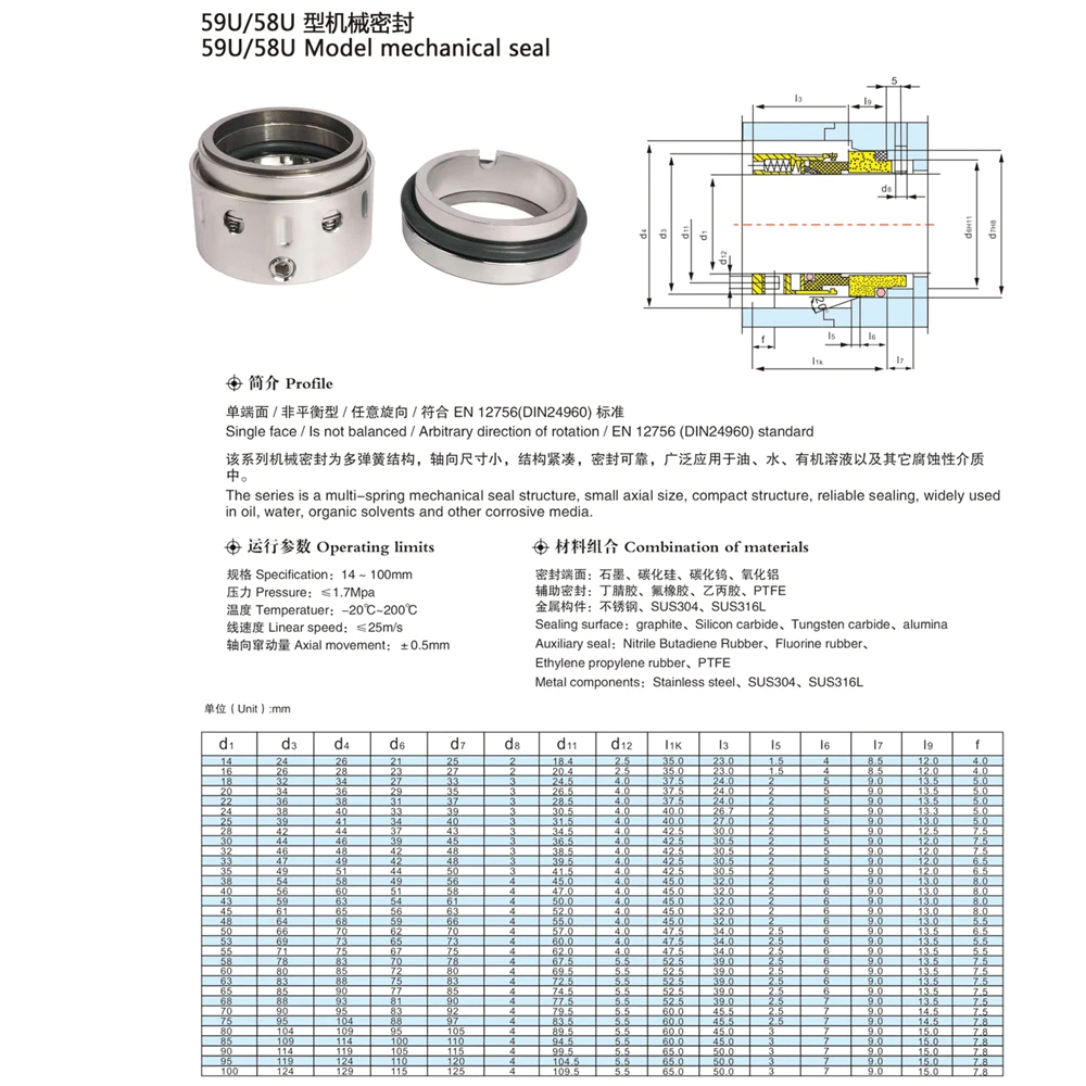 WC-WC-FKM 59U/58U/59V-20/25/28/30/32/35/40/43/45/50/53/55/60-90mm Mechanical Shaft Seal Single Spring For Water Pump