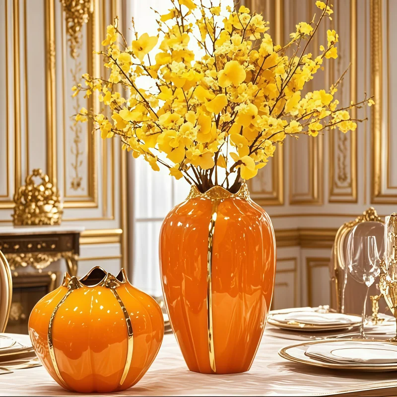 

Light Luxury Ceramic Vase, High-end Living Room High-temperature Gold-plated Flower Arrangement Pumpkin Bottle