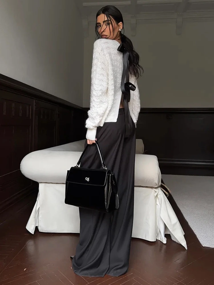 

Sisterlinda Hollow Bow Sweater Women Autumn Casuals Elegant Bandages O-Neck Full Sleeve Elastic Streewear Daily Simple Pullover