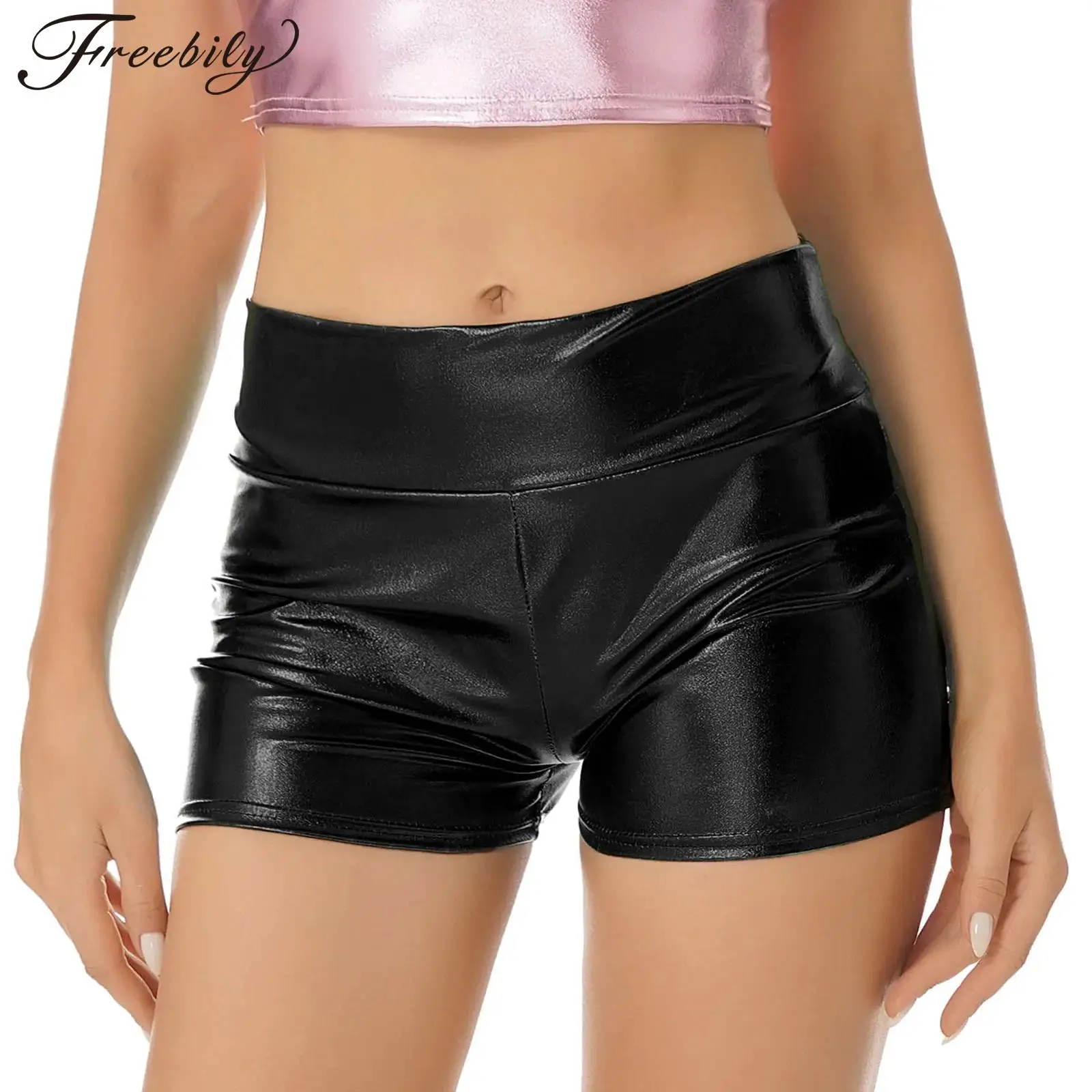 Women's Hot Shorts Femme Patent Leather Clubwear Shiny Metallic Shorts High Waist Short Pants for Pole Dancing Rave Party Wear