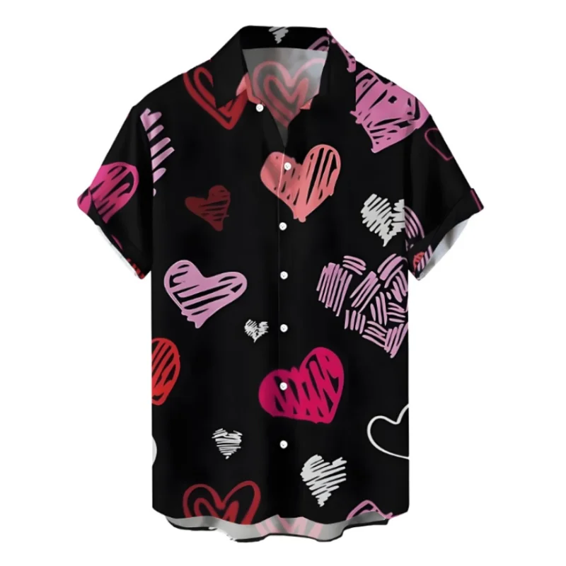 Camisa havaiana extragrande masculina, gráfico do coração, manga curta, lapela solta, camisas de botão, camiseta estampada, roupas de verão