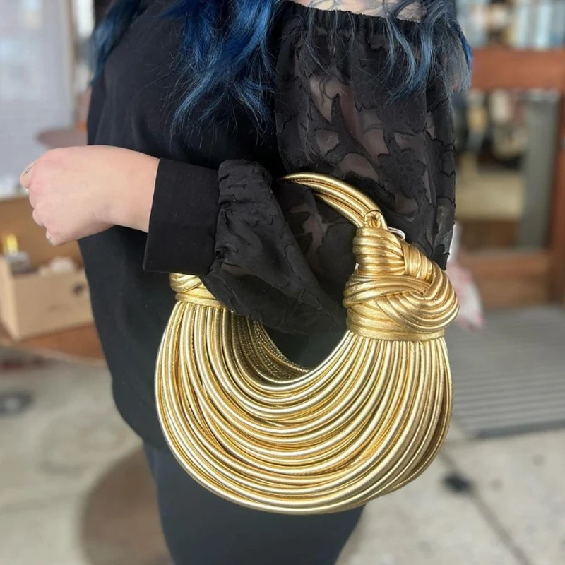 Gold Hobo Handbag Rope Knotted Pulled Clutch Women Luxury Designer Brand Handwoven Noodle Bags Evening Clutch Crossbody Bag