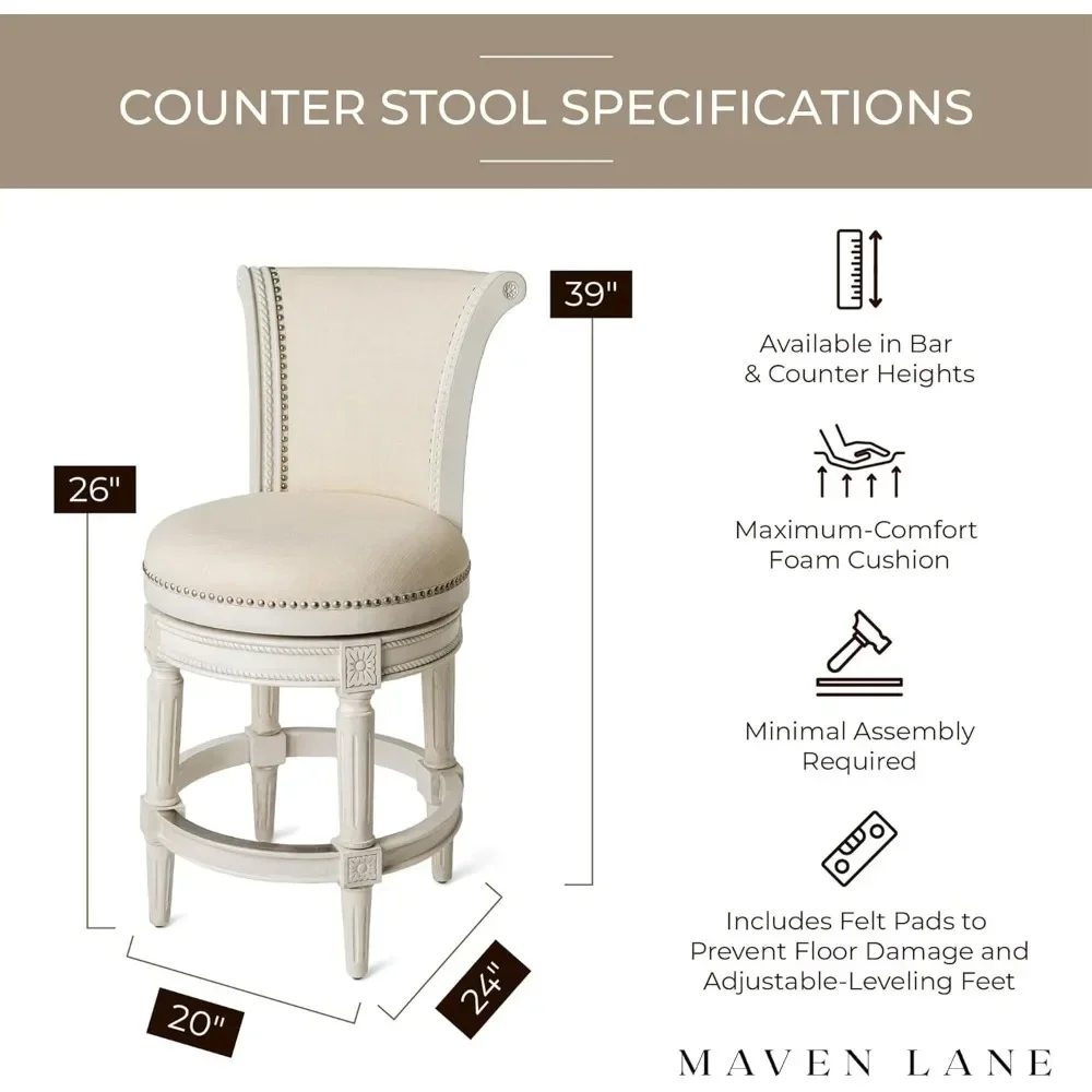 Tall Counter Height Upholstered Barstool with Back in White Oak Finish with Natural Color Fabric Cushion Seat, Set of 4