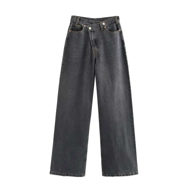 Damskie dwukolorowe, uniwersalne jeansy z wysokim stanem i szerokimi nogawkami, casualowe ubrania streetwearowe.