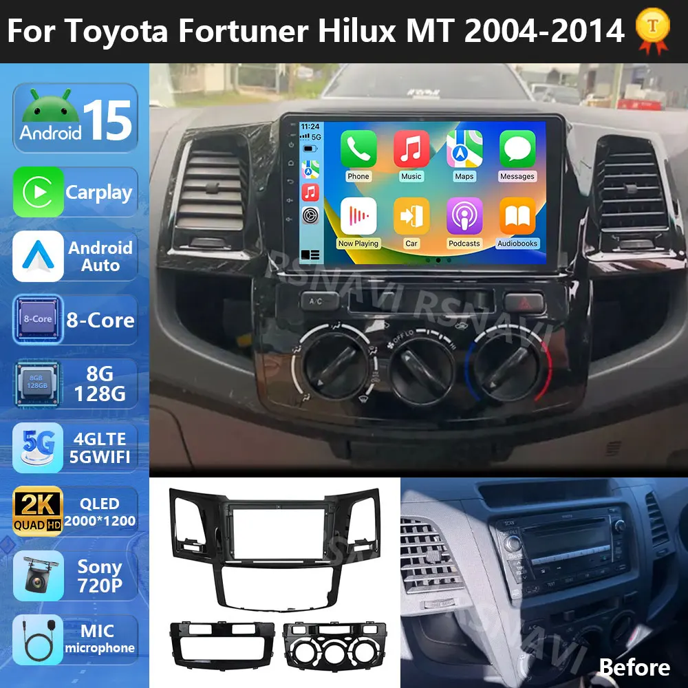 التوصيل والتشغيل أندرويد 15 لتويوتا فورتشنر هايلكس ريفو فيجو 2005 - 2014 سيارة أديو الوسائط المتعددة لاعب نظام تحديد المواقع ستيريو CarPlay 4G #1