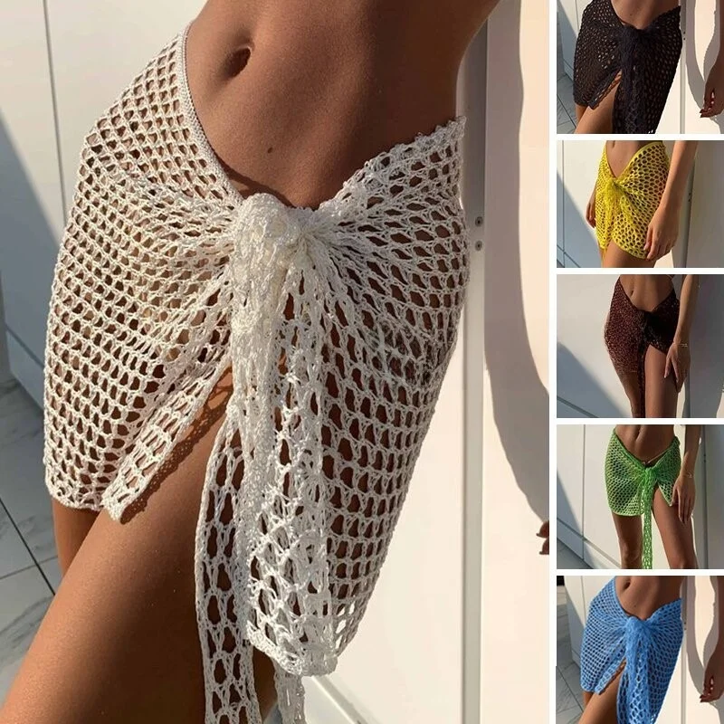 

Cross-Border New Women's Sexy Hollow out Pure Color One-Piece Belted ort Skirt Beach Wrap Skirt Sunscreen f-length