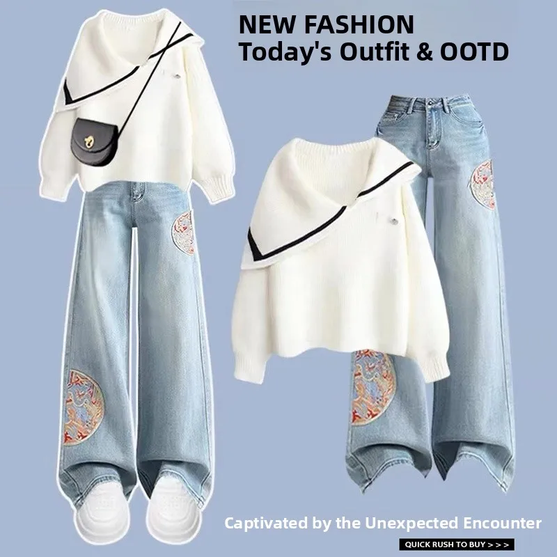 أوائل الخريف Faion مجموعة صغيرة الحجم سترة محبوكة وجينز مطرز مظهر شبابي ألياف البوليستر طويلة Sve