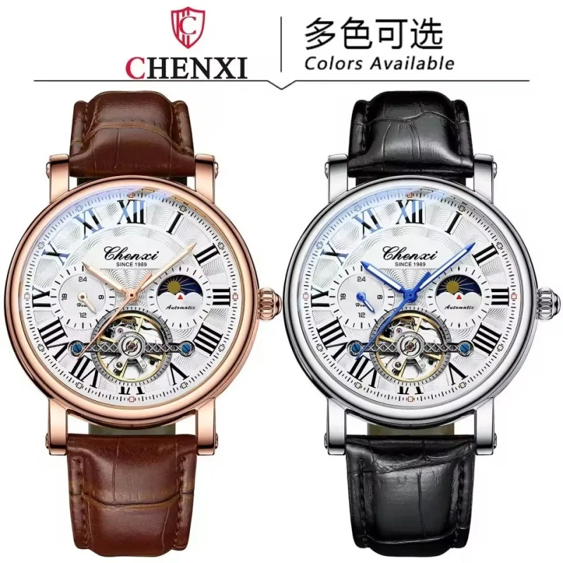 CHENXI 8873 Reloj mecánico totalmente automático avanzado de lujo para hombre, volante hueco, luz nocturna, reloj impermeable para hombre, regalo diario