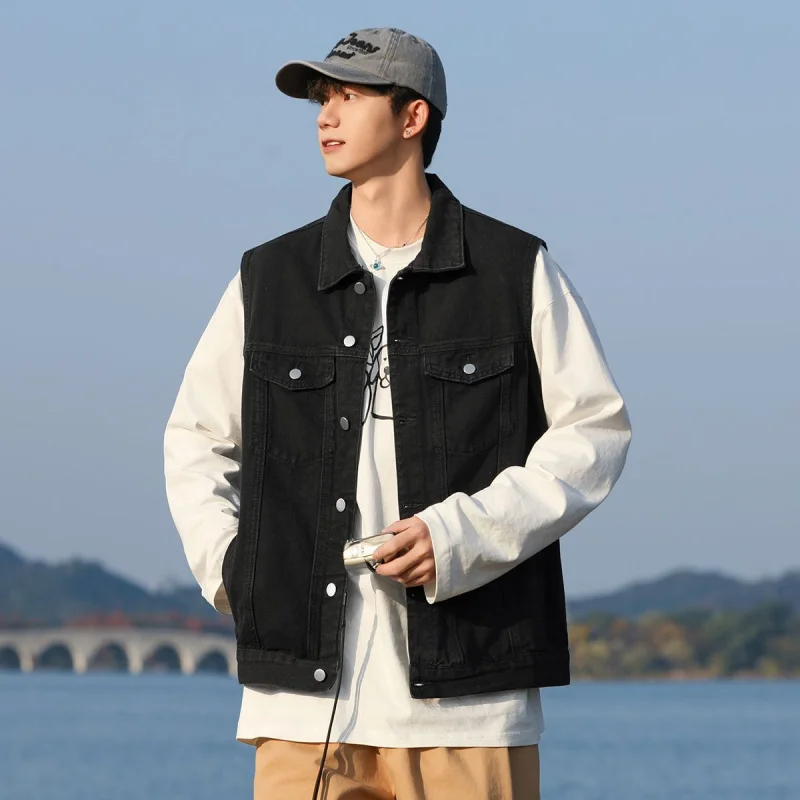 

Модный мужской крутой жилет, однотонный свободный жилет без рукавов с двойными нагрудными карманами, универсальный модный топ