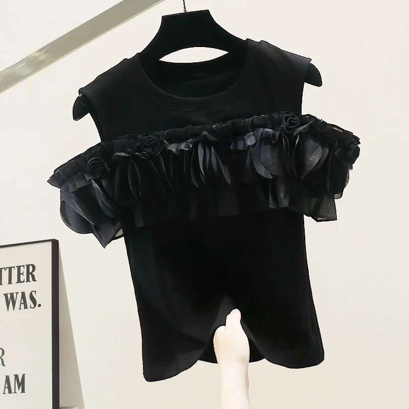 

Faionable Korean Design Heavy Work 3D Flower Lace oulder Bared ort Sve Slimming Bla Top Women's Polyester Blend