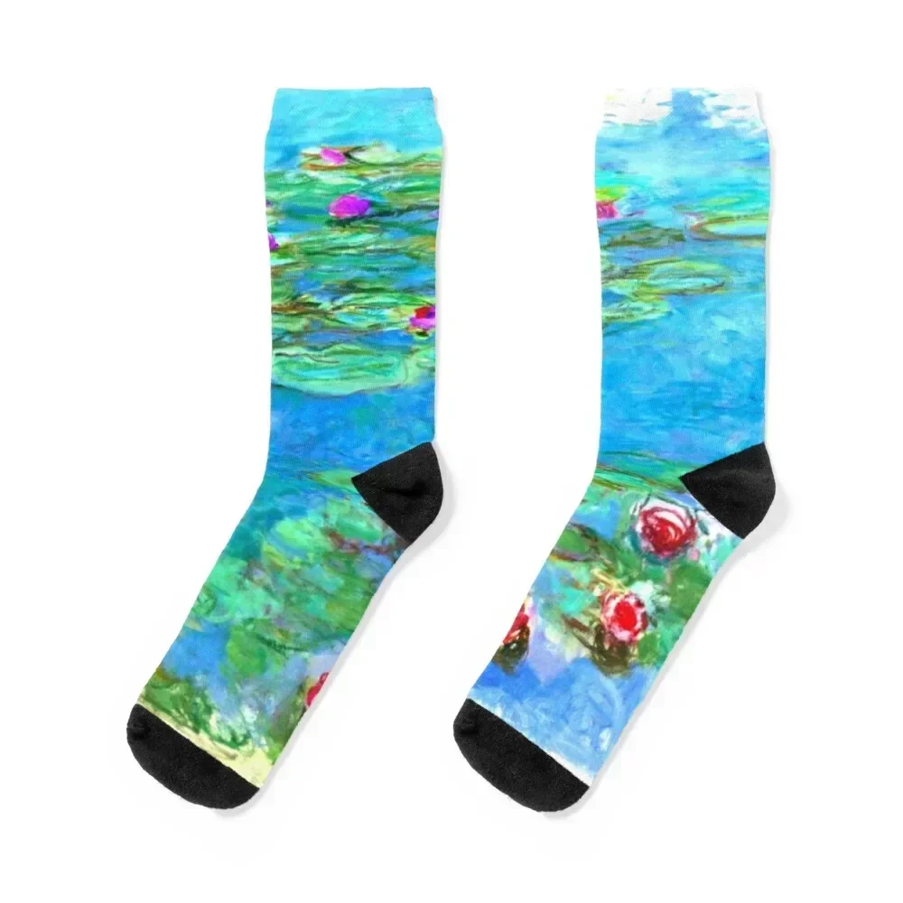 

Claude Monet - Cyan Blue Water Lilies / Nymphéas Vert d'eau Socks colored valentine gift ideas set shoes Man Socks Women's