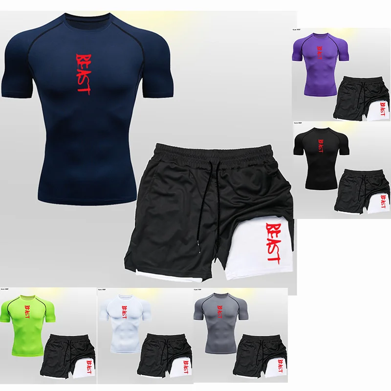 

Summer Tight Breathable Men's Short Sleeve Set Fitness Printed Running Speed Drying Sports Wear Fitness Shaping Training T-shirt