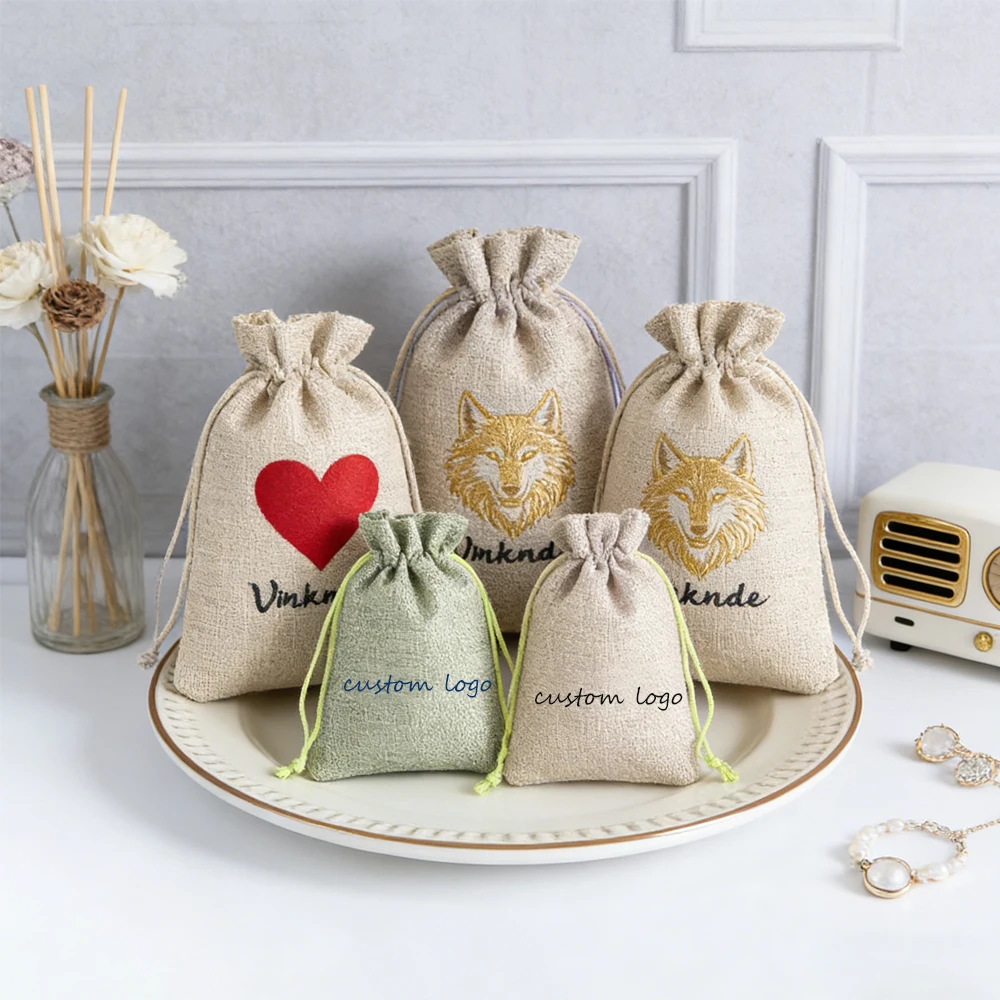 

Personalization Logo 50pack Linen Cotton Burlap Gift Bags Party Wedding Favors Drawstring Candy Jewelry Travel Dustproof Pouches