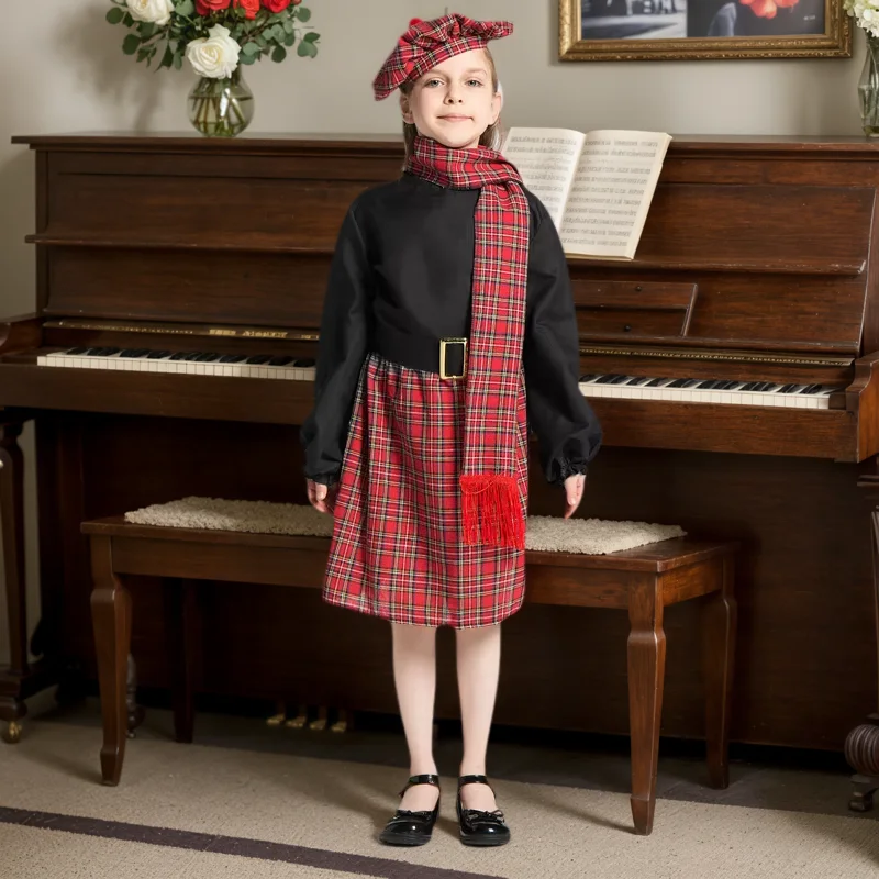 

Girls Ethnic Scottish Cosplay Costume Suit Kilt Hat Scarf Children National Fancy Dress Carnival Kindergarden Party Outfit