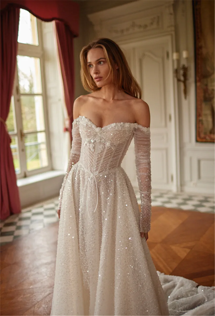 

Luxury Wedding Dress 2024 Vestidos De Novia Manga Larga Pearl Off the Shoulder A line Boda Bespoke Civil Abiti Da Sposa Gelinlik