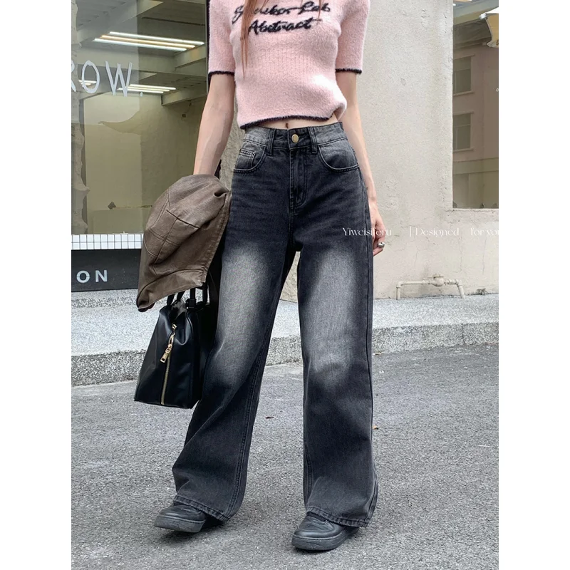 

Black Women Jeans Vintage Fashion American High Waisted Mop Pants Wide Leg Jean Female Trouser Hip Hop Baggy Denim Blue Pants