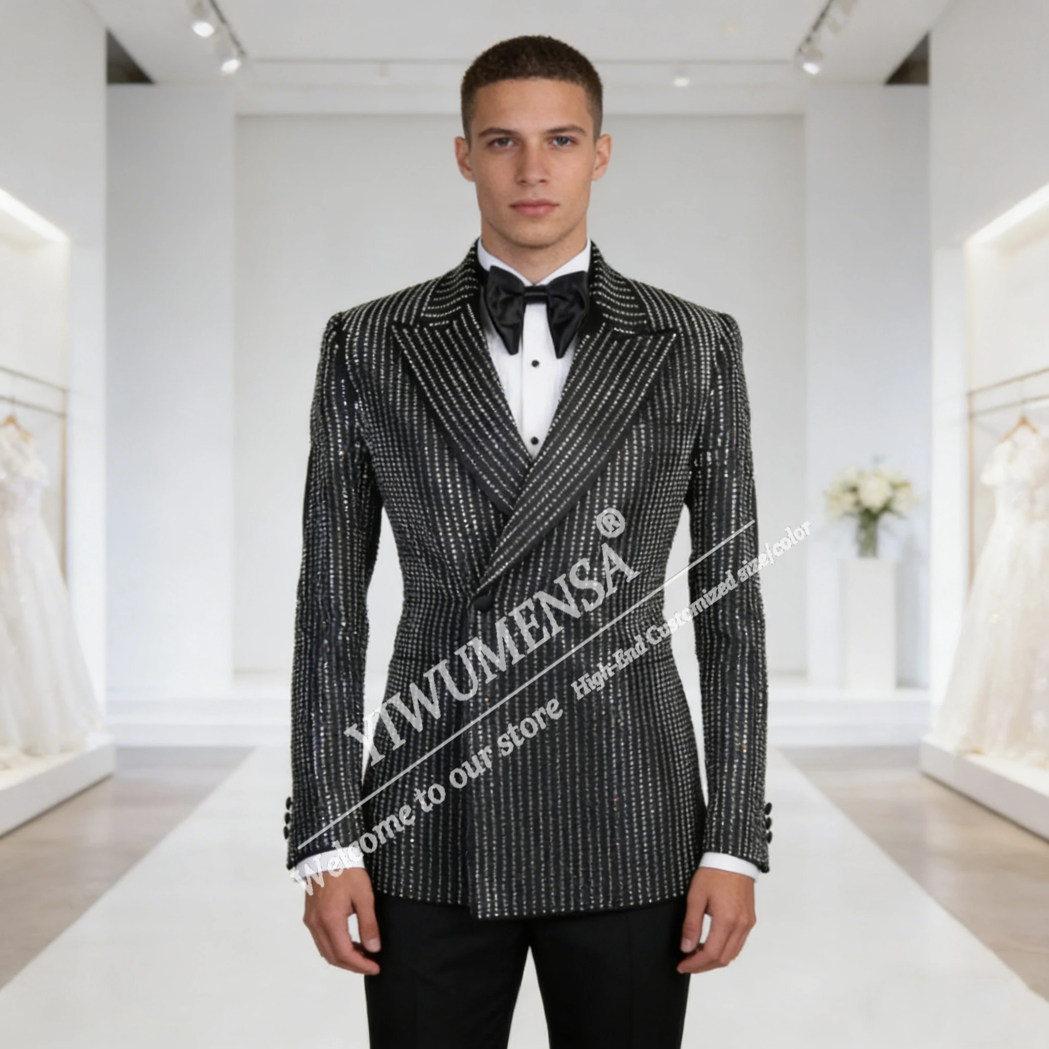 

Metallic Beads Crystals Suit Men Slim Fit Double Breasted Jacket Pants 2 Piece Groom Tuxedos Plus Size Terno Masculinos Complete