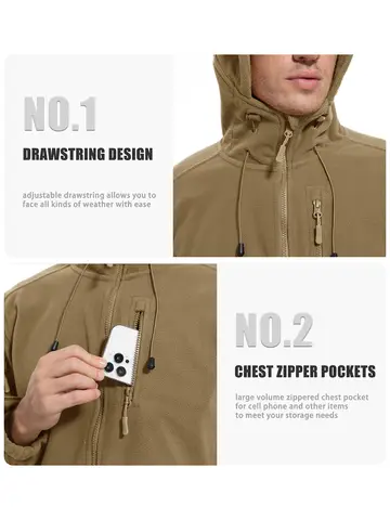 MAGCOMSEN Herr Fleecejacka med Huva Vinter Termisk Träningsjacka Hel Dragkedja 6 Fickor Tjock Vindtät Friluftskläder 10 best sales 6-ficksjacka för män - №2