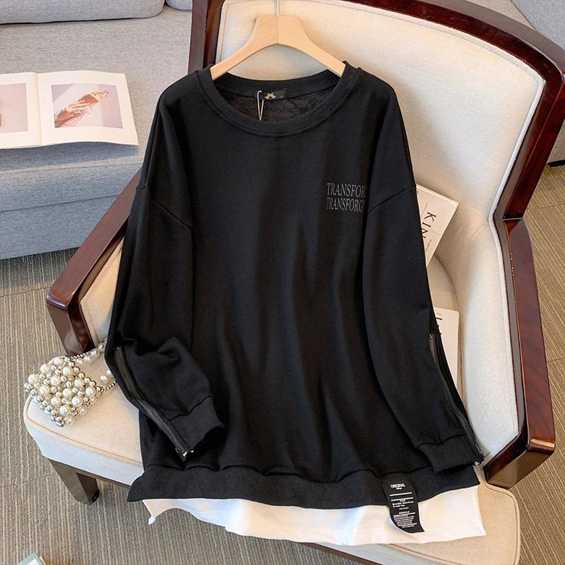 Plus-size women's spring casual terylene cotton hoodie fake two personalized design zipper double-layer sleeve commuter top
