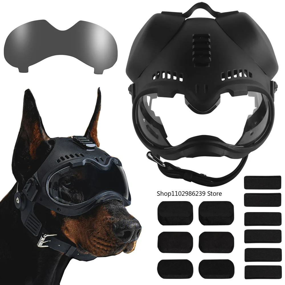 Casque de chien K9 avec lunettes, casque de protection tactique pour chiens M/L, couvre-chef d'extérieur réglable pour animaux de compagnie, pour l'entraînement et la chasse