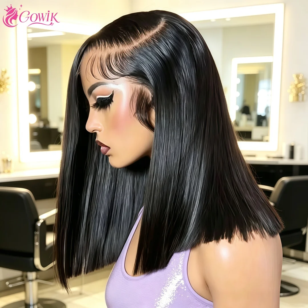 Parrucche Bob corte lisce in capelli umani, parrucche frontali in pizzo HD 13x6, densità 200%, nero naturale, pre-pizzicate, parrucche frontali in pizzo trasparente 13x4