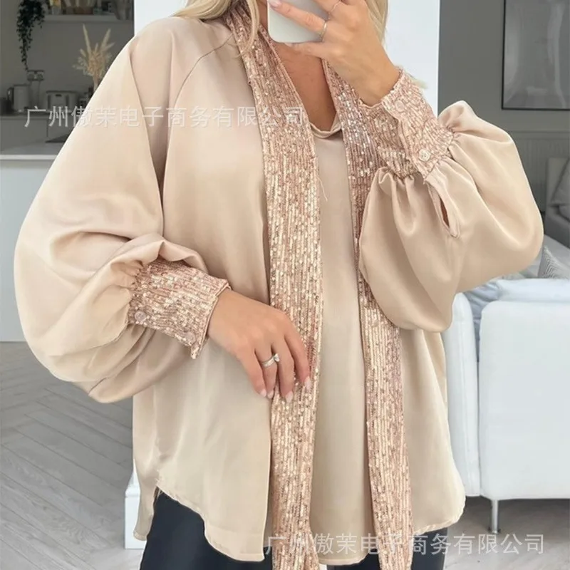 

Blouses Women Sequin Lace Up Shirts Splice Tops Loose Casual Regular Full Puff Sleeve V Neck Shirt Top Office Ladies 2024