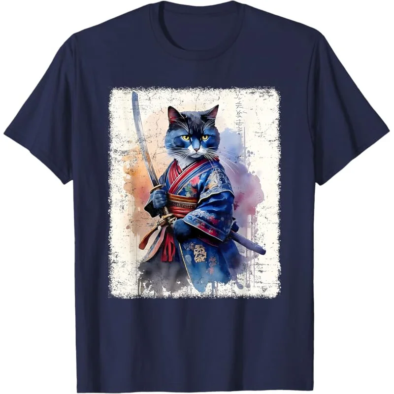 Samurai Cat vintage ukiyo-e warrior art graphic T-shirt