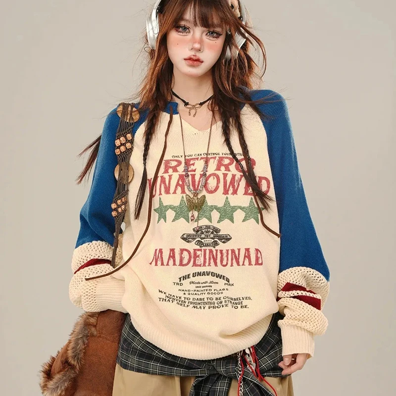 Harajuku Y2K Patchworkถักเสื้อกันหนาวขี้เกียจหลวมสบายๆเสื้อแขนยาวHollow Out Preppyสไตล์พิมพ์จัมเปอร์