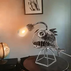 Vintage Angler Fish Desk Lamp Shark Shape Night Light USB Metal Art Lantern Ornament Bedroom Home Table Decoration for Gift