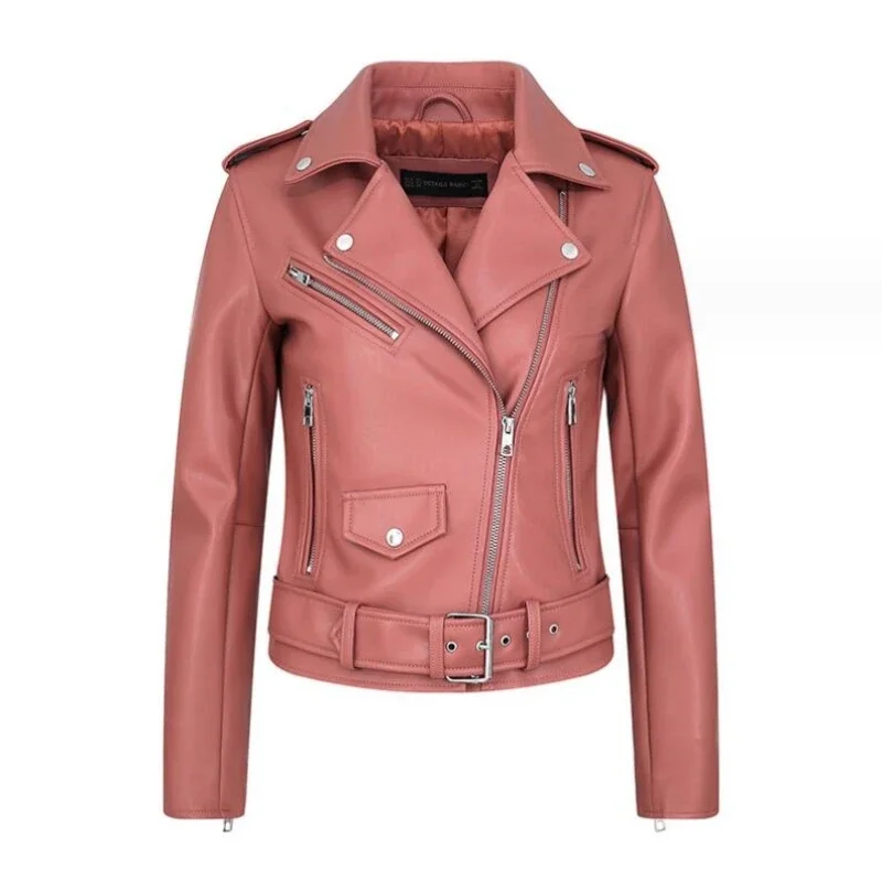 Autumn Short Leather Jacket Women Pink Solid Turn-down Collar Slim Coat Female Zipper Belt Pockets Street Ladies Biker Jacket