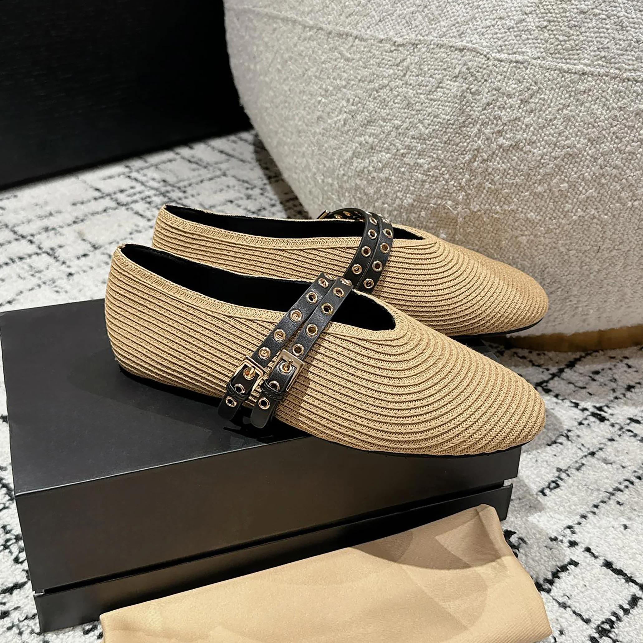 

2026 French Spring New Lafite Grass Round Head Single Shoes Women's Genuine Leather Flat Ballet Mary Jane Shoes