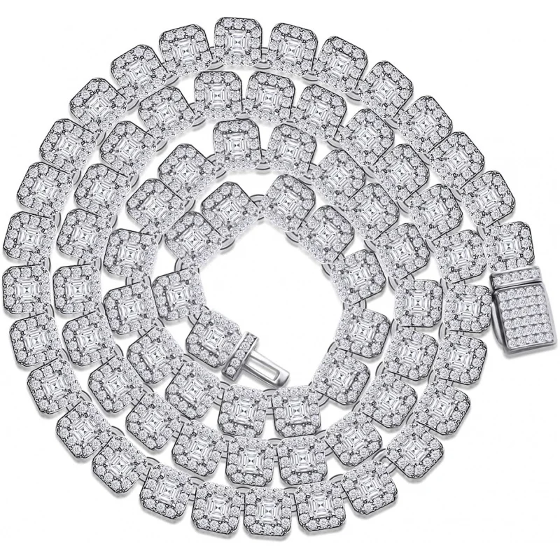 

925 Sterling Silver 4MM & 6MM Tennis Chain Necklace For Men Asscher & Round Lab Created Moissanite Jewelry 18K Gold P