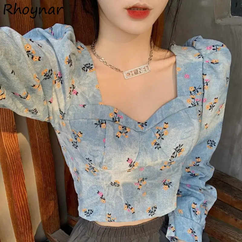 Blouses Women Cropped Square Collar Vintage Slim Temper Harajuku Floral Chemise Femme High Street Hotsweet European Hipsters Ins