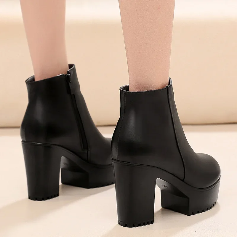 8cm 10cm Small Size 33-43 Thick Bottom Platform Shoes Ankle Boots with Fur 2024 Block High Heels Genuine Leather Boots Office