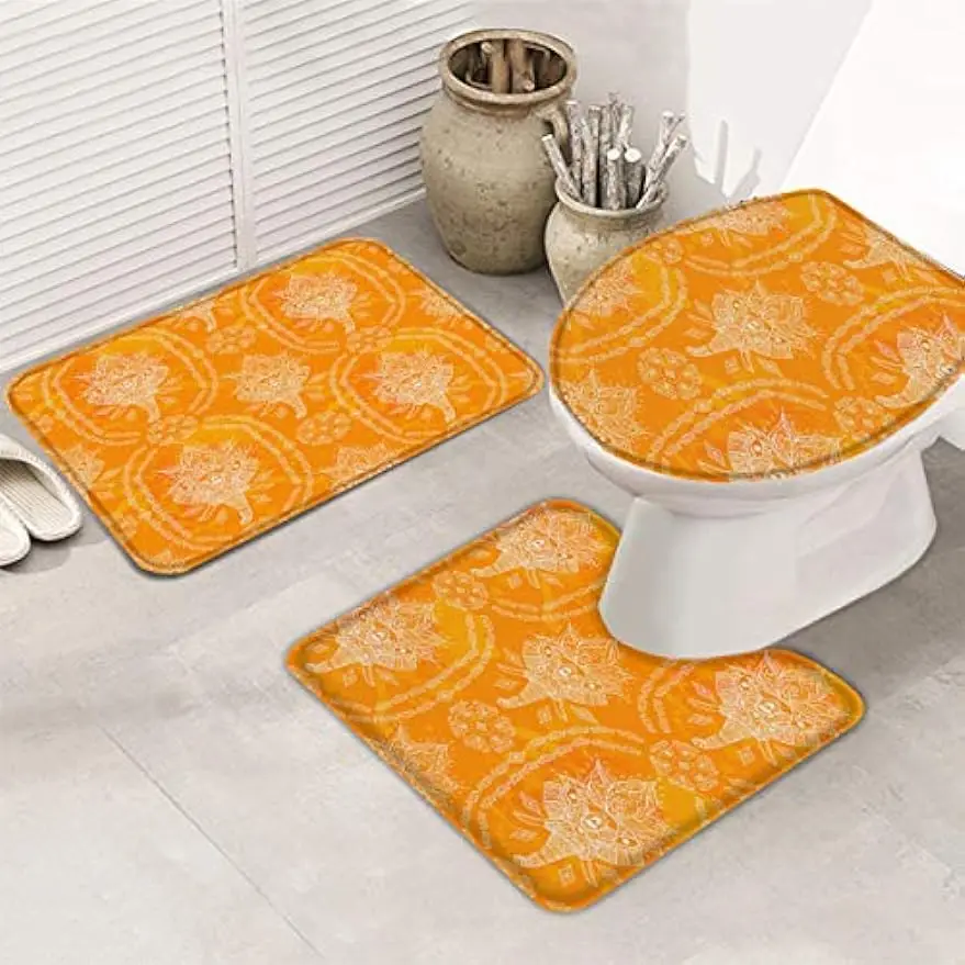 3 Pieces Bath Rug Set Toilet Seat Cover Orange African Elephant Art Drawing Print Contour Rug, Pedestal Mat and Toilet Lid Cover