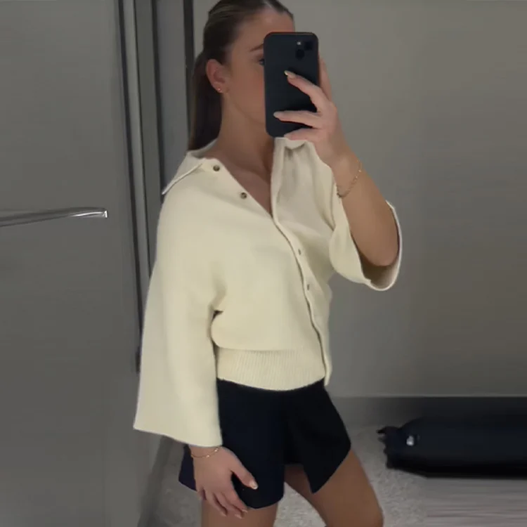 

Zaza Elegant Knit Flare Sleeve Cardigan Lapel Single Breasted Soft Sweater Slim Fit Casual Solid Coat 2025 Lady Streetwears
