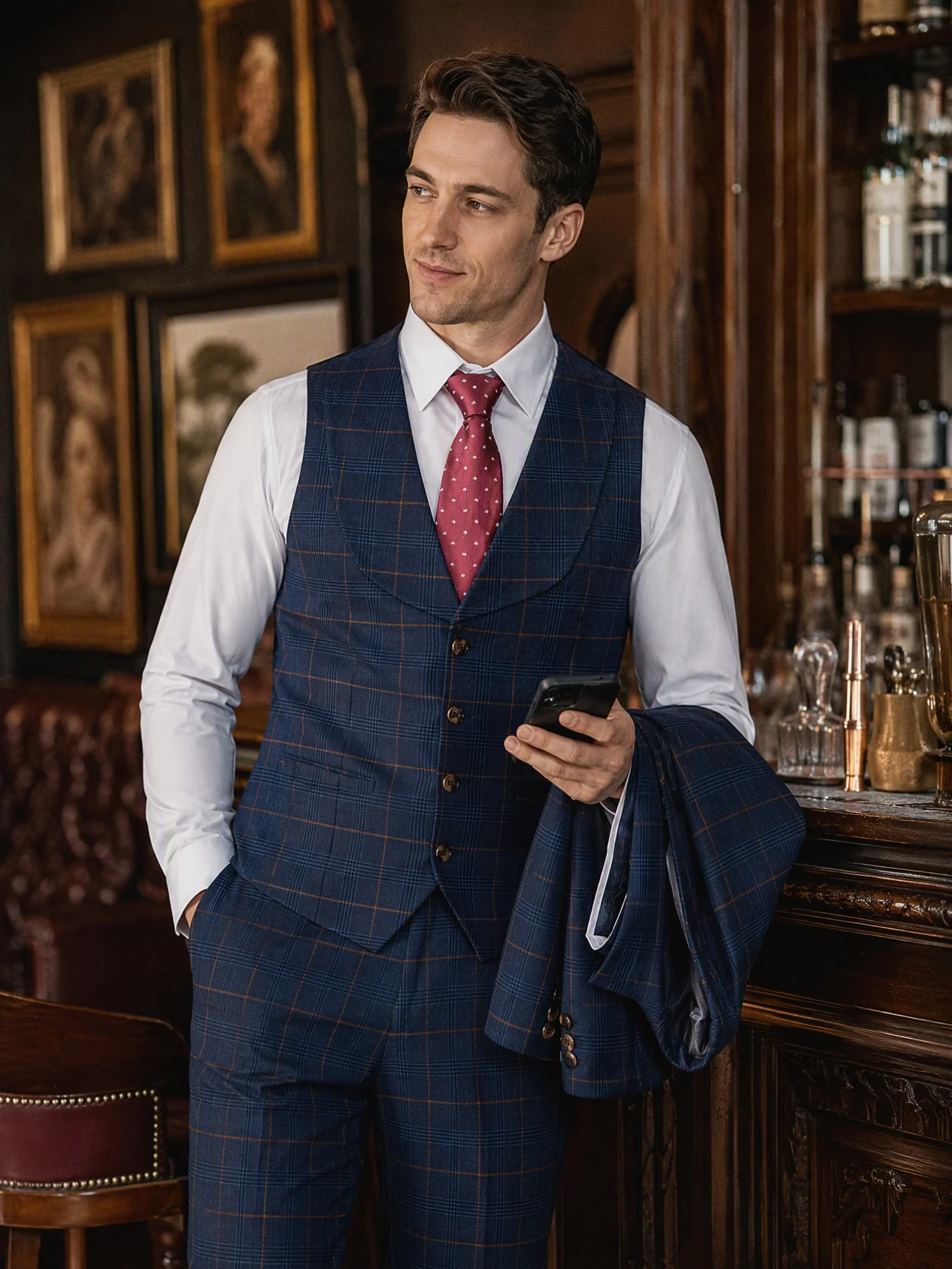 ST Cassy High Quality 3 Piece Checkered Suit Set Men Stylish Business Office Wedding Formal Outfit Full Elegant Man Suit