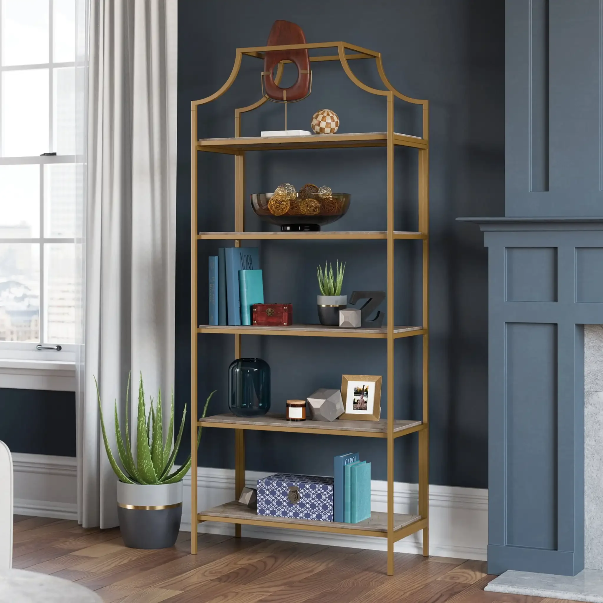 

Lux 5-Shelf Metal Frame Bookcase, Gold Satin/Faux Deco Stone Finish