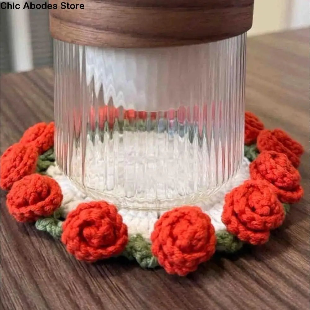 

Hand-knitted Crochet Floral Coasters Round Unfinished Rose Bouquet Coasters Fashion DIY Craft Woven Cup Pads