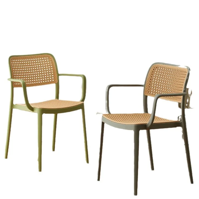 

Customized rattan plastic chair Nordic home stackable dining outdoor leisure back small apartment armrest book desk