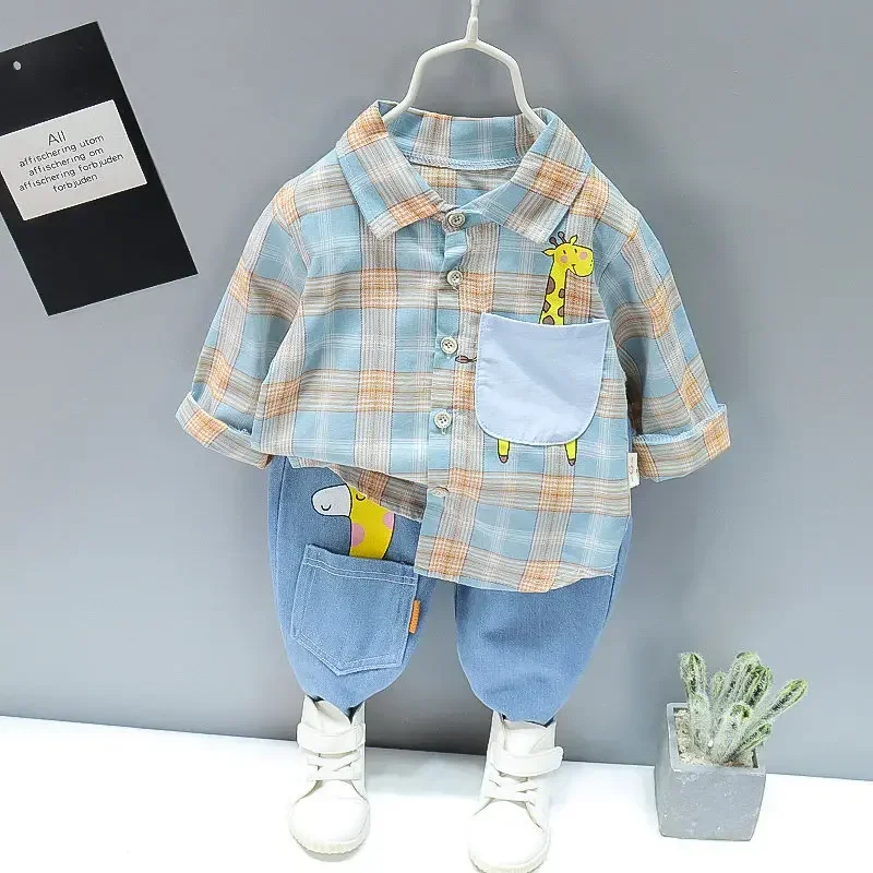 Autumn Spring kids boy fashion cartoon clothing set Kid suits set Plaid Shirt pants 2 pcs/set children clothes set 1 2 3 4 5 yea