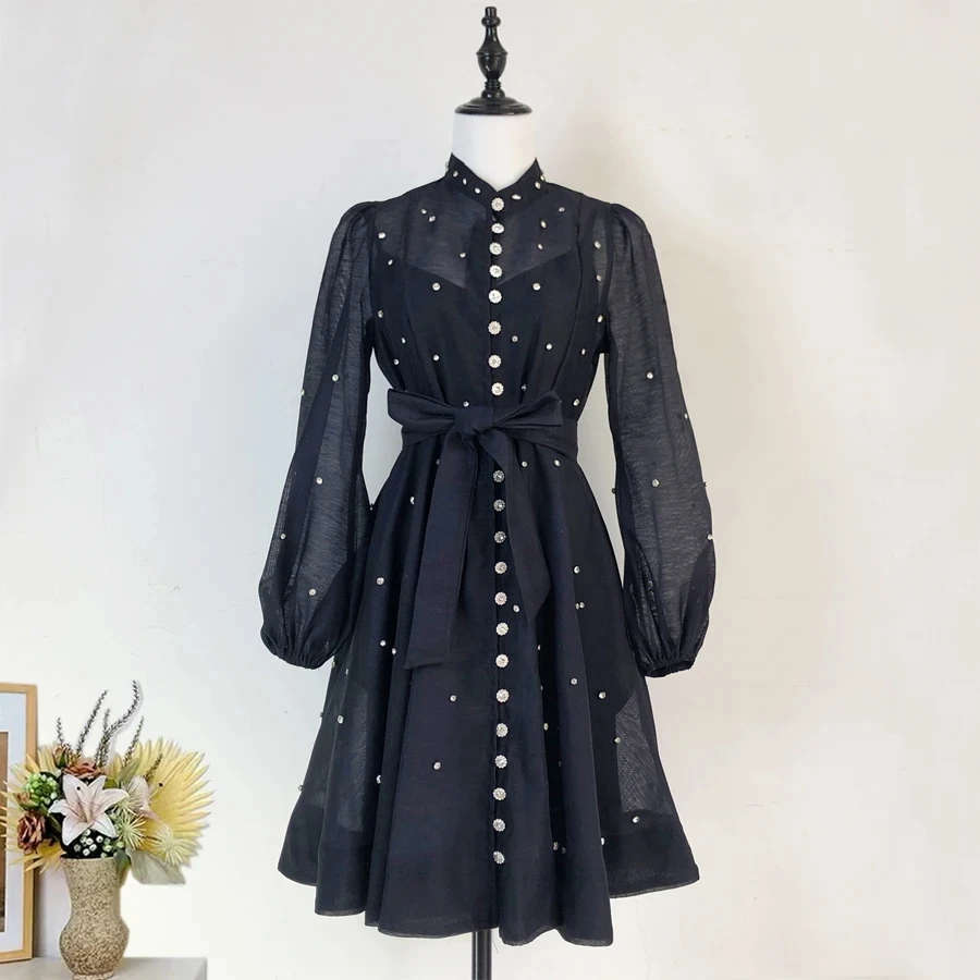 Abito da donna in maglia da ballo di fine anno con perline di cristallo di lusso francese, da donna, con maniche lunghe a lanterna, bottoni con diamanti, cintura con lacci, mini abiti