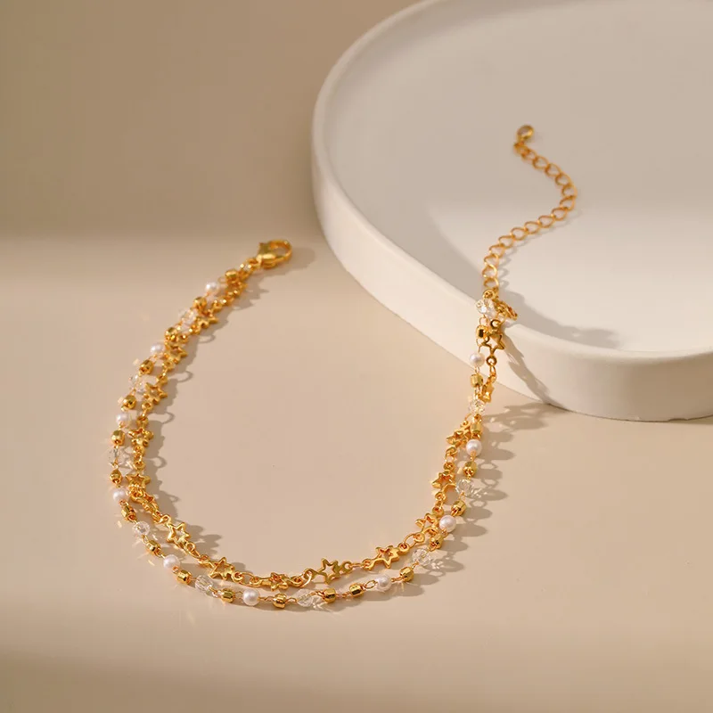 18k Gold Plated Five Pointed Star Double Chain Women Anklets Dreamy Transparent Crystal Beads Anklet with White Beads Jewelry