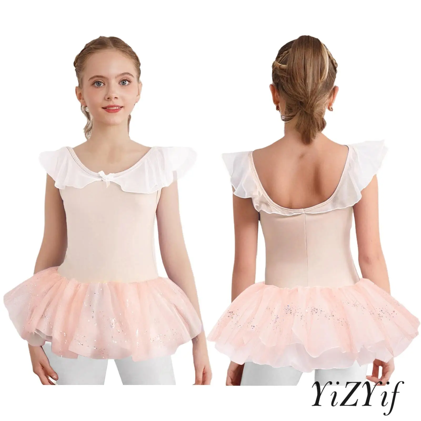 

Kids Girls Sparkly Sequined Tulle Tutu Skirt Leotard Set for Ballet Gymnastics Ruffled Neckline Fairy-Like Style‌ Dancing Wear
