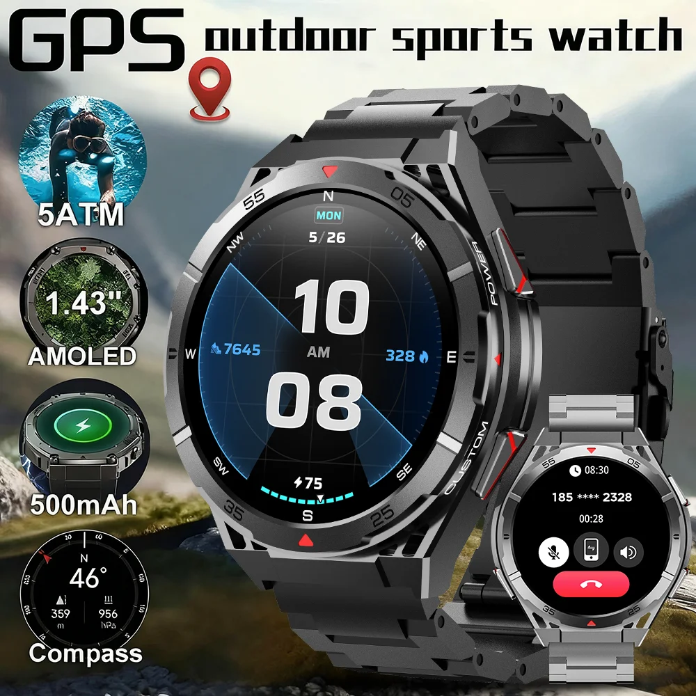 

New Outdoor Smart Watch Men Built-in GPS 1.43'' AMOLED Display Compass 3ATM Waterproof Swimming Grade Bluetooth Call Smartwatch
