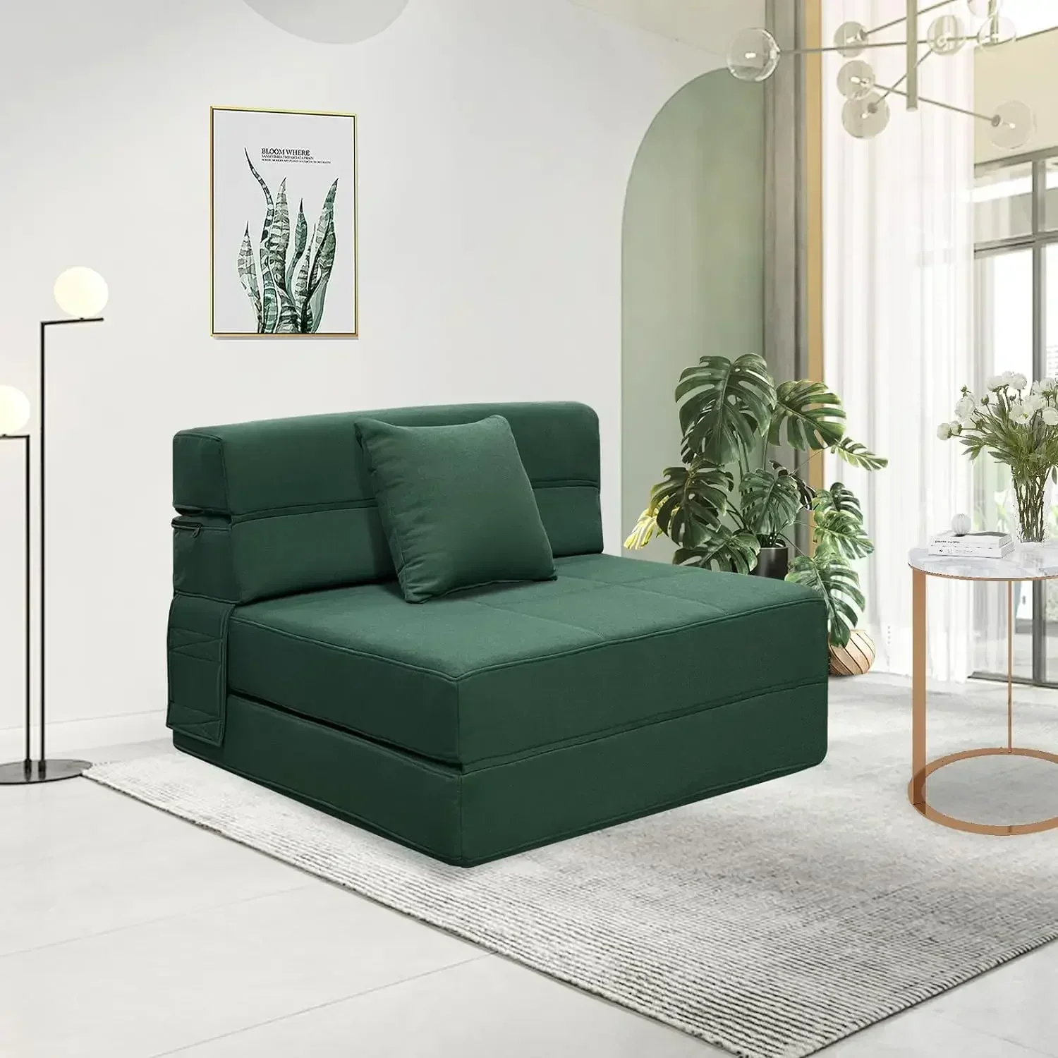 ANONER Memory Foam Fold Out Sofa Bed Couch with Pillow Twin Size Futon Sleeper Chair for Living Room Apartment, Dark Green