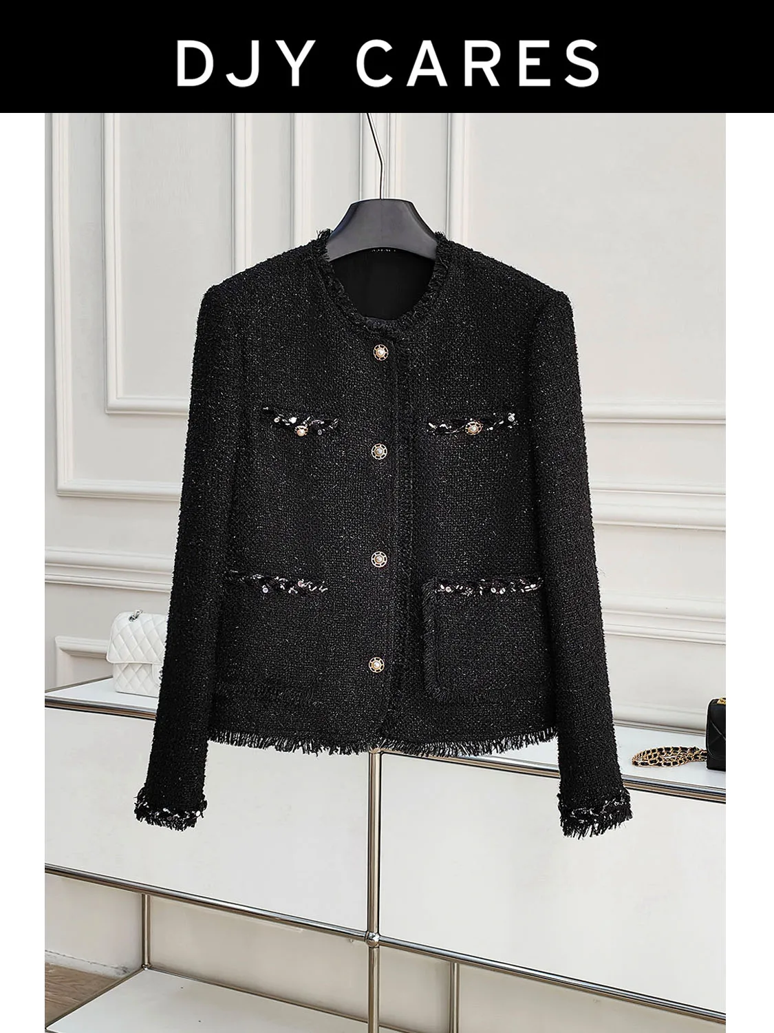 

New Coarse woolen black coat with cotton for autumn and winter, exquisite tassel big size
