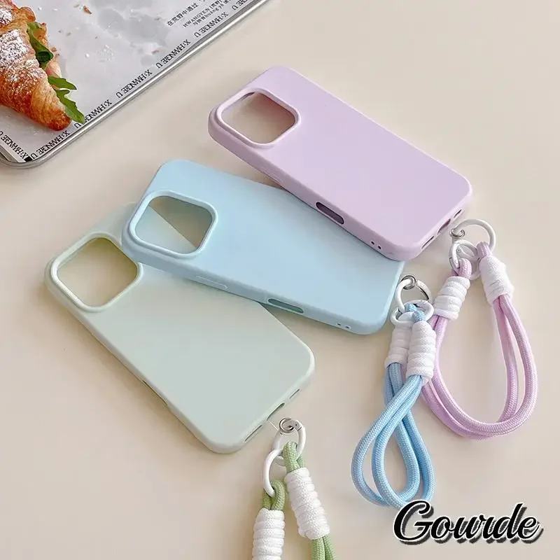 

Gourde Simple Black Lanyard Soft Silicone Shockproof Phone Case For iphone 16 15 17 Pro Max 13 12Pro 11 Pro Max 14 15 Plus Cover