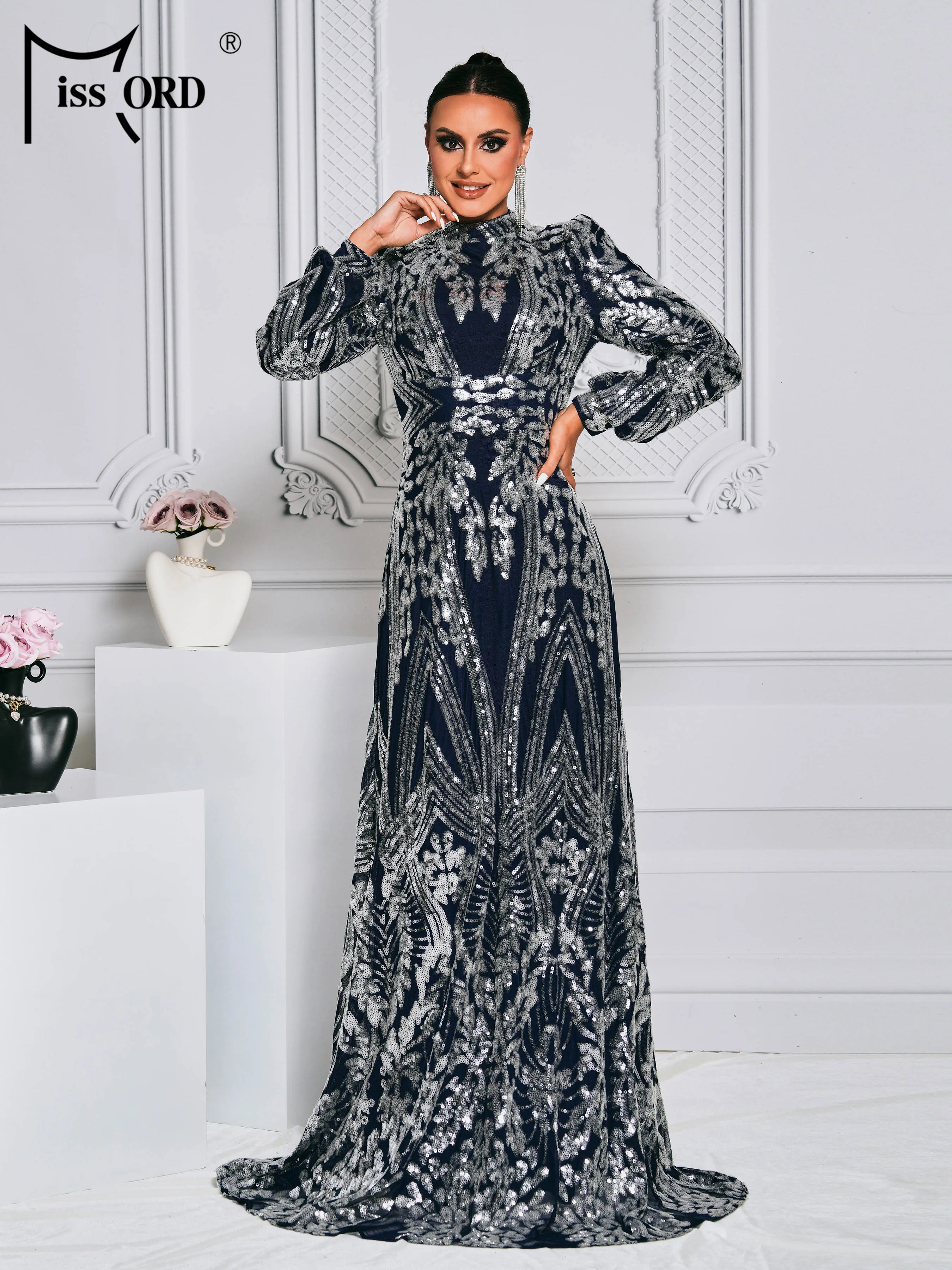 Missord 2024 Blue Round Neck Long Sleeved Sequin Maxi Evening Formal Occasion High Quality Luxury Dress