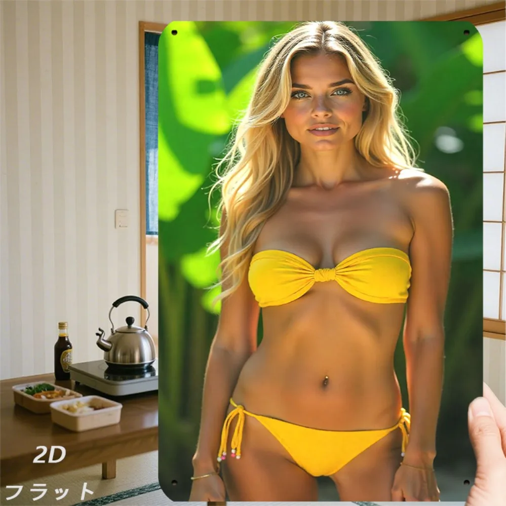 2D-Metallschild, Retro Gelber Strand Mode Metall-Wandkunst Frau im Bikini Dekorativer Druck für Wohnzimmer Schlafzimmer